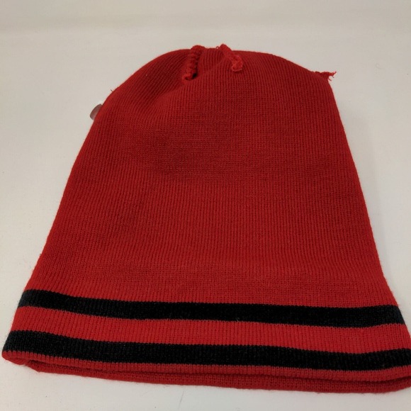 K&B Men's Knit Beanie Hat Cap Red Black Striped 100% Acrylic Pom Pom - Picture 9 of 11